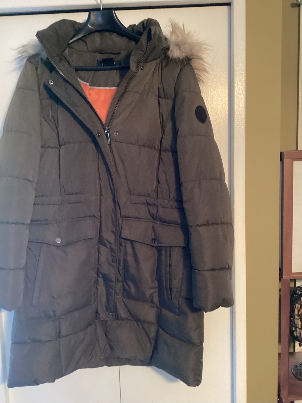 DKNY Olive Green Hooded Puffer Coat with Faux-Fur Trim